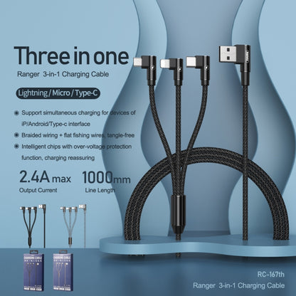 REMAX RC-167th 3 in 1 2.1A USB to 8 Pin + USB-C / Type-C + Micro USB Range Series Elbow Charging Cable, Cable Length: 1m (Black) - Multifunction Cable by REMAX | Online Shopping UK | buy2fix