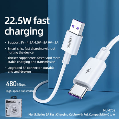 REMAX Marlik Series RC-175a 22.5W 5A USB to USB-C / Type-C Interface Fully Compatible Fast Charging Data Cable, Cable Length: 1m(White) - USB-C & Type-C Cable by REMAX | Online Shopping UK | buy2fix