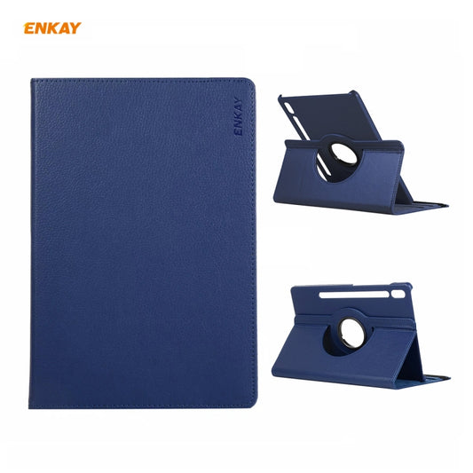 ENKAY for Samsung Galaxy Tab S8 / Galaxy Tab S7 11.0 T870 / T875 ENK-8012 360 Degree Rotation Litchi Texture Horizontal Flip PU Leather Smart Case with Holder & Sleep / Wake-up(Dark Blue) - Galaxy Tab S8 Cases by ENKAY | Online Shopping UK | buy2fix