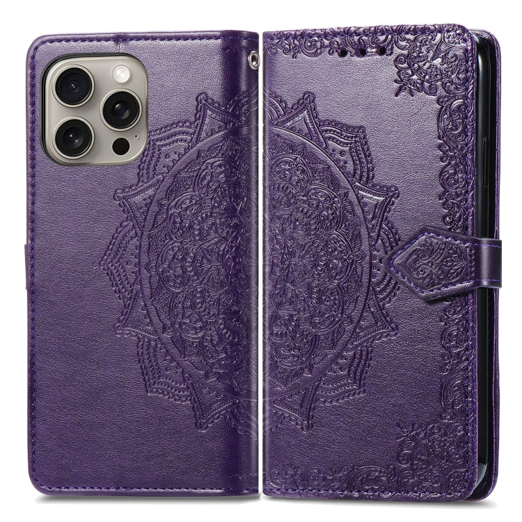 For iPhone 16 Plus Mandala Flower Embossed Leather Phone Case(Purple) - iPhone 16 Plus Cases by buy2fix | Online Shopping UK | buy2fix