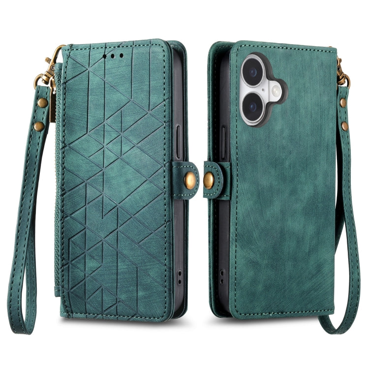 For iPhone 16 Geometric Zipper Wallet Side Buckle Leather Phone Case(Green) - iPhone 16 Cases by buy2fix | Online Shopping UK | buy2fix