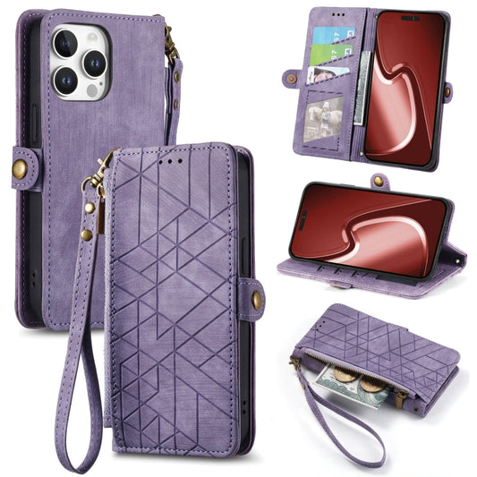 For iPhone 16 Pro Geometric Zipper Wallet Side Buckle Leather Phone Case(Purple) - iPhone 16 Pro Cases by buy2fix | Online Shopping UK | buy2fix