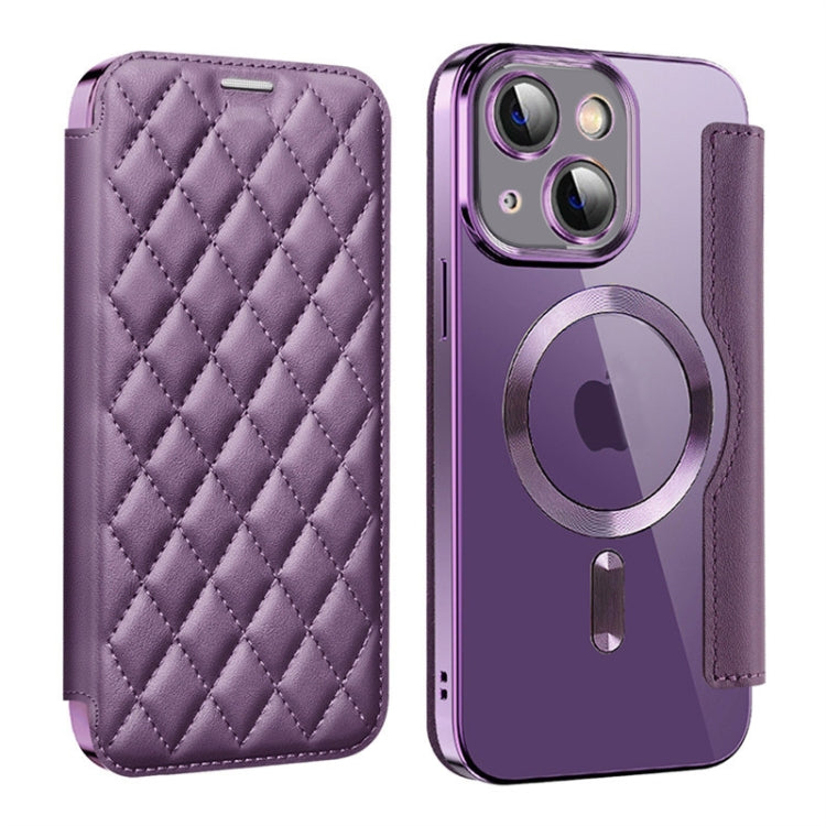 For iPhone 13 Shield Magsafe RFID Anti-theft Rhombus Leather Phone Case(Purple) - iPhone 13 Cases by buy2fix | Online Shopping UK | buy2fix