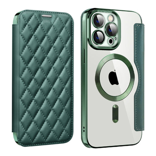For iPhone 14 Pro Max Shield Magsafe RFID Anti-theft Rhombus Leather Phone Case(Green) - iPhone 14 Pro Max Cases by buy2fix | Online Shopping UK | buy2fix