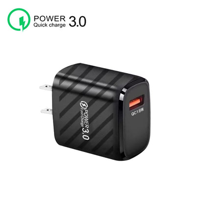 TE-005 QC3.0 18W USB Fast Charger with 1m 3A USB to 8 Pin Cable, US Plug(Black) - USB Charger by buy2fix | Online Shopping UK | buy2fix