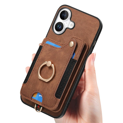 For iPhone 16 Retro Skin-feel Ring Multi-card Wallet Phone Case(Brown) - iPhone 16 Cases by buy2fix | Online Shopping UK | buy2fix