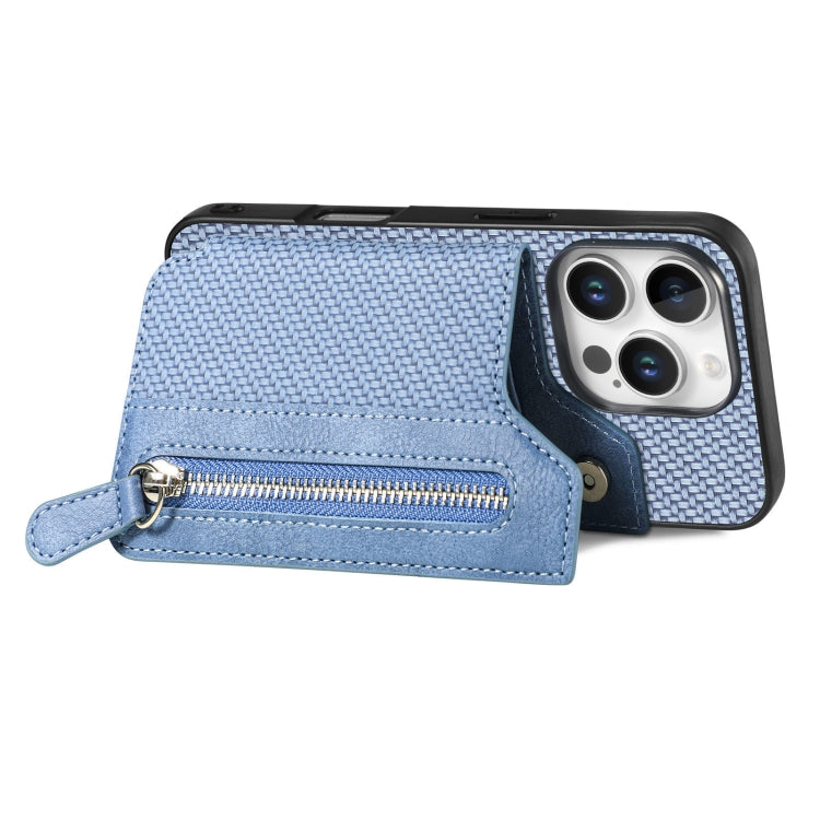 For iPhone 16 Pro Max Carbon Fiber Horizontal Flip Zipper Wallet Phone Case(Blue) - iPhone 16 Pro Max Cases by buy2fix | Online Shopping UK | buy2fix