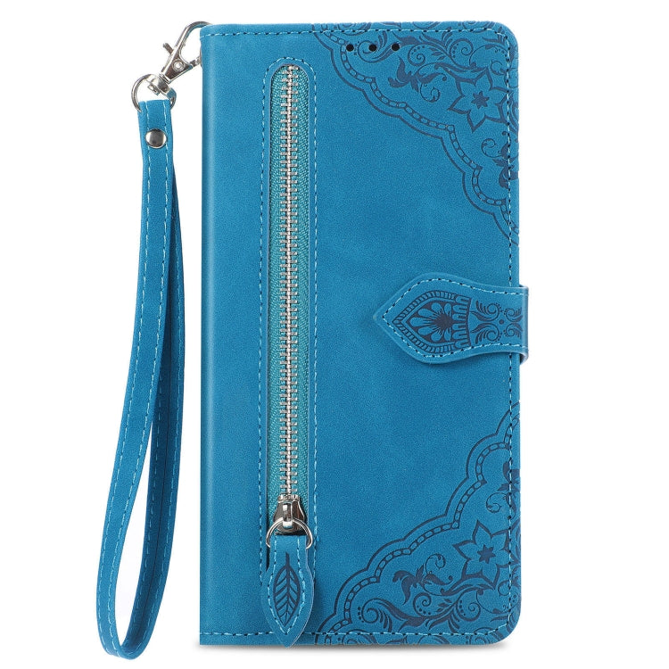 For Xiaomi Redmi K70 Embossed Flower Zipper Leather Phone Case(Blue) - K70 Cases by buy2fix | Online Shopping UK | buy2fix