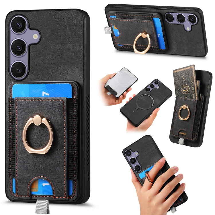 For Samsung Galaxy S25 5G Retro Splitable Magnetic Card Bag Leather Phone Case(Black) - Galaxy Phone Cases by buy2fix | Online Shopping UK | buy2fix