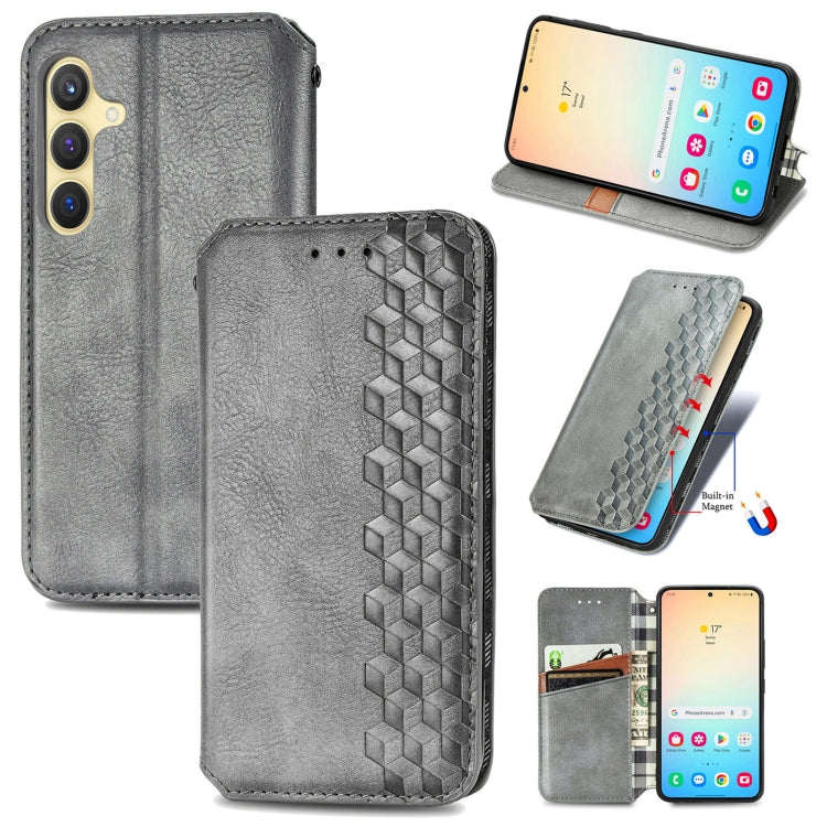 For Samsung Galaxy S25 5G Cubic Grid Pressed Magnetic Leather Phone Case(Gray) - Galaxy S25 5G Cases by buy2fix | Online Shopping UK | buy2fix