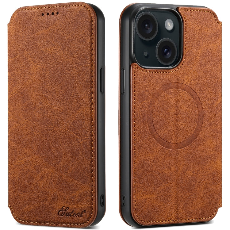 For iPhone 15 Plus Suteni J06 Retro Matte Litchi Texture Leather Magnetic Magsafe Phone Case(Khaki) - iPhone 15 Plus Cases by Suteni | Online Shopping UK | buy2fix