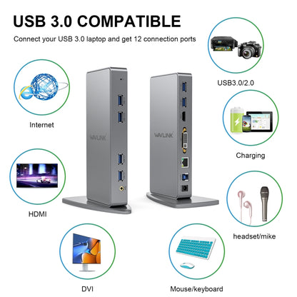 WAVLINK WL-UG39DK7 USB3.0 Hub Adapter Multi-Screen Graphics Card Universal Docking Station, Plug:US Plug - USB HUB by WAVLINK | Online Shopping UK | buy2fix