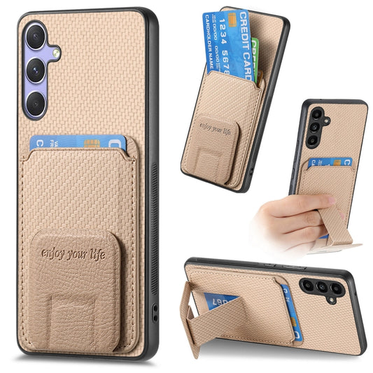 For Samsung Galaxy S25+ 5G Carbon Fiber Card Bag Fold Stand Phone Case(Khaki) - Galaxy S25+ 5G Cases by buy2fix | Online Shopping UK | buy2fix