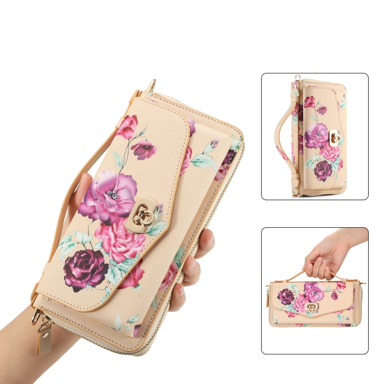 For iPhone 15 Pro MagSafe Flower Multi-functional Crossbody Zipper Wallet Leather Phone Case(Yellow) - iPhone 15 Pro Cases by buy2fix | Online Shopping UK | buy2fix