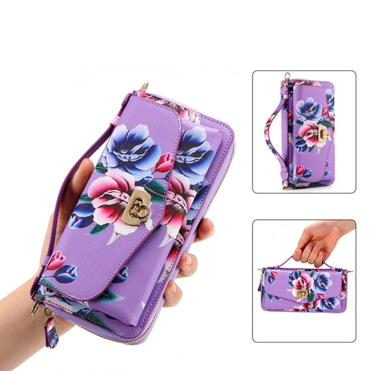 For iPhone 12 Pro Max MagSafe Flower Multi-functional Crossbody Zipper Wallet Leather Phone Case(Purple) - iPhone 12 Pro Max Cases by buy2fix | Online Shopping UK | buy2fix