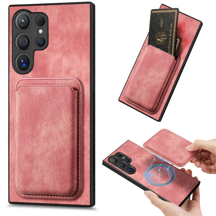 For Samsung Galaxy S25 Ultra 5G Retro Leather Card Bag Magnetic Phone Case(Pink) - Galaxy S25 Ultra 5G Cases by buy2fix | Online Shopping UK | buy2fix