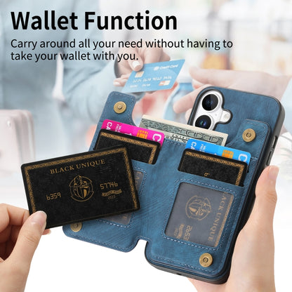 For iPhone 16 Plus Retro Leather Zipper Wallet Back Phone Case(Blue) - More iPhone Cases by buy2fix | Online Shopping UK | buy2fix