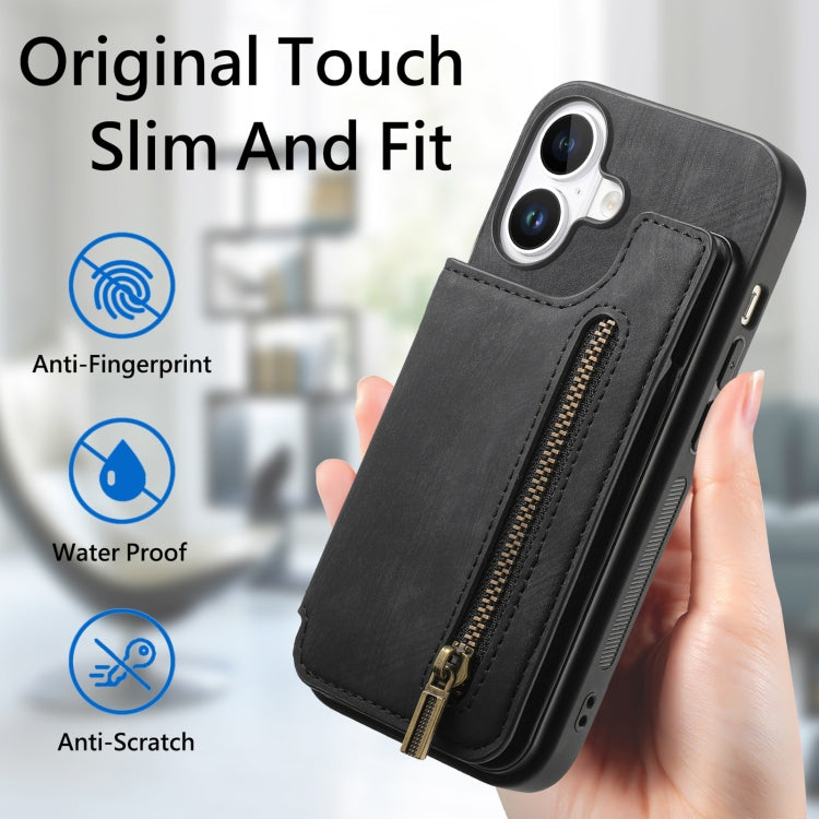 For iPhone 16 Plus Retro Leather Zipper Wallet Back Phone Case(Black) - More iPhone Cases by buy2fix | Online Shopping UK | buy2fix