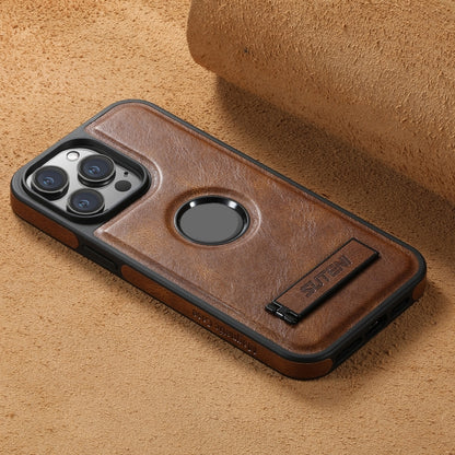For iPhone 14 Pro Suteni G2 Magsafe Oil Wax Leather Back Phone Case with Holder(Brown) - iPhone 14 Pro Cases by Suteni | Online Shopping UK | buy2fix