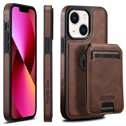 For iPhone 13 Suteni M2 Oil Wax MagSafe Horizontal Card Bag Phone Case(Brown) - iPhone 13 Cases by Suteni | Online Shopping UK | buy2fix