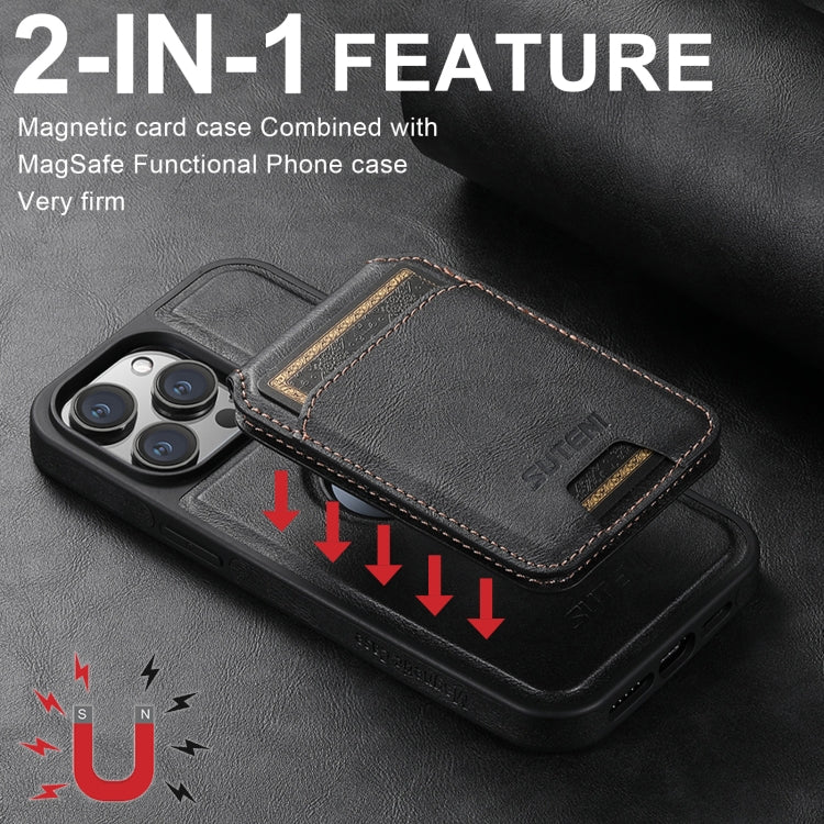 For iPhone 16 Suteni M2 Oil Wax MagSafe Horizontal Card Bag Phone Case(Black) - iPhone 16 Cases by Suteni | Online Shopping UK | buy2fix