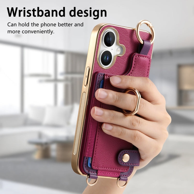 For iPhone 16 Plus Fashion Ring Card Bag Phone Case with Hang Loop(Purple) - iPhone 16 Plus Cases by buy2fix | Online Shopping UK | buy2fix