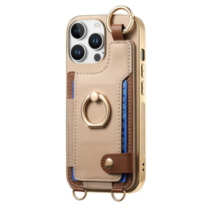 For iPhone 16 Pro Max Fashion Ring Card Bag Phone Case with Hang Loop(Khaki) - iPhone 16 Pro Max Cases by buy2fix | Online Shopping UK | buy2fix