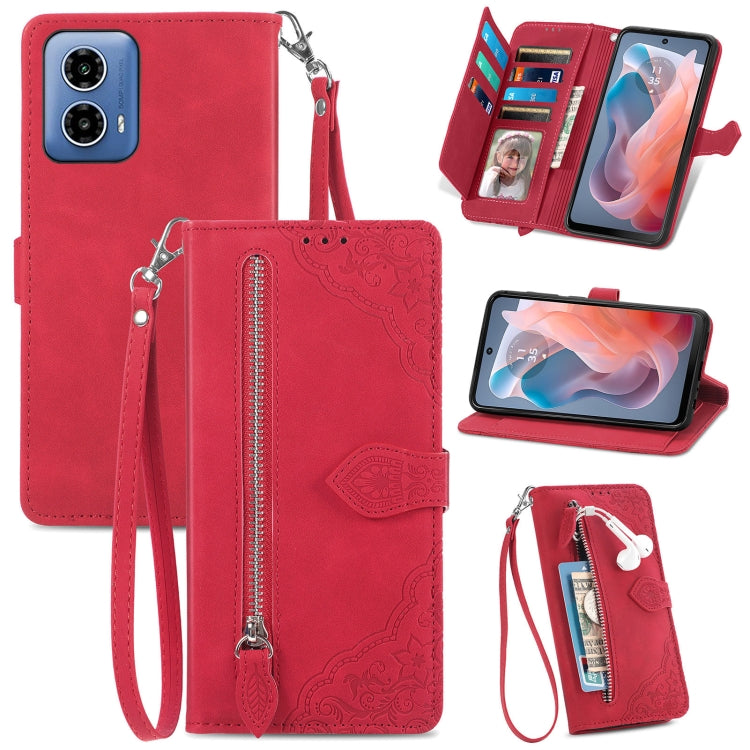 For Motorola Moto G Play 2024 Embossed Flower Zipper Leather Phone Case(Red) - Motorola Cases by buy2fix | Online Shopping UK | buy2fix