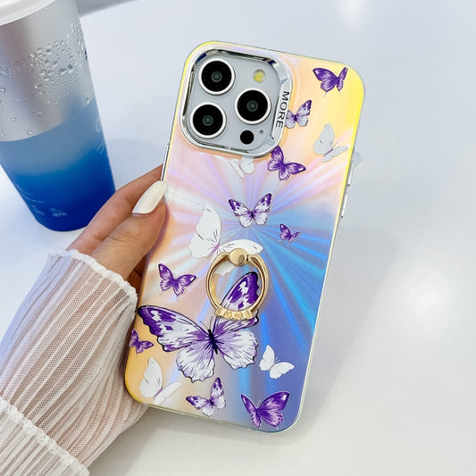 For iPhone 16 Pro Electroplating Laser Butterfly Ring Holder Phone Case(White Purple Butterflies AB6) - iPhone 16 Pro Cases by buy2fix | Online Shopping UK | buy2fix