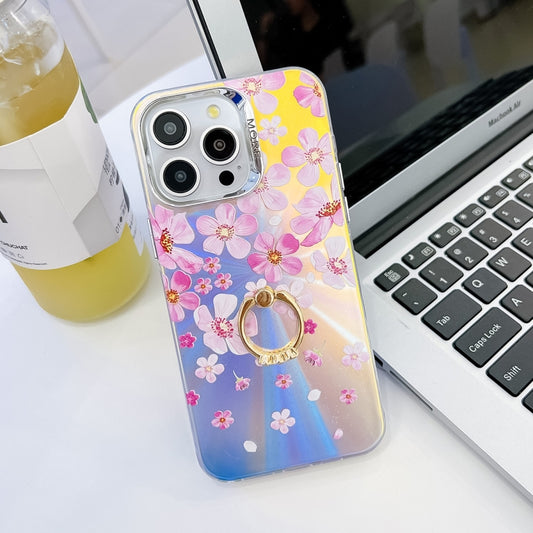 For iPhone 16 Pro Max Electroplating Laser Flower Ring Holder TPU Phone Case(Pink Flower AH13) - iPhone 16 Pro Max Cases by buy2fix | Online Shopping UK | buy2fix