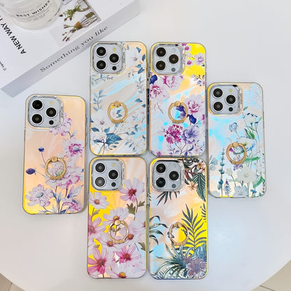 For iPhone 16 Pro Max Electroplating Laser Flower Ring Holder TPU Phone Case(Flower AH1) - iPhone 16 Pro Max Cases by buy2fix | Online Shopping UK | buy2fix