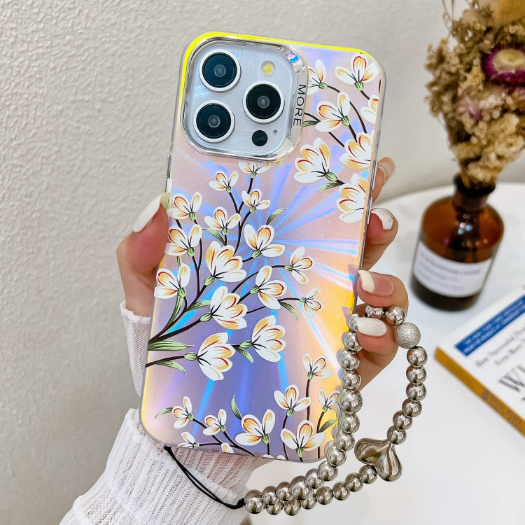 For iPhone 16 Pro Max Electroplating Laser Flower Phone Case with Wrist Strap(Pear Blossom AH17) - iPhone 16 Pro Max Cases by buy2fix | Online Shopping UK | buy2fix