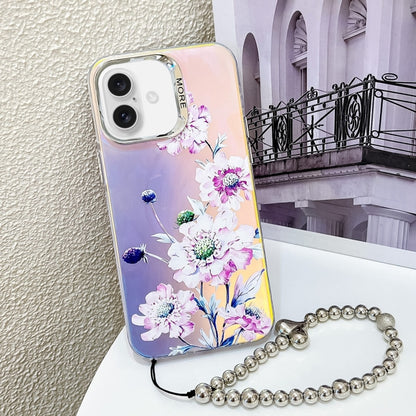 For iPhone 16 Electroplating Laser Flower Phone Case with Wrist Strap(Zinnia AH9) - iPhone 16 Cases by buy2fix | Online Shopping UK | buy2fix