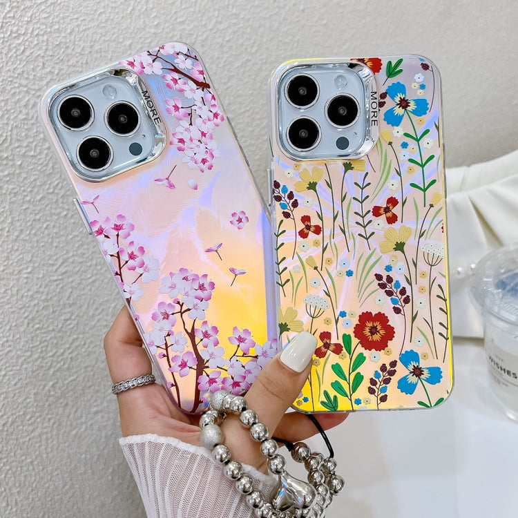 For iPhone 16 Electroplating Laser Flower Phone Case with Wrist Strap(Pink Flower AH13) - iPhone 16 Cases by buy2fix | Online Shopping UK | buy2fix