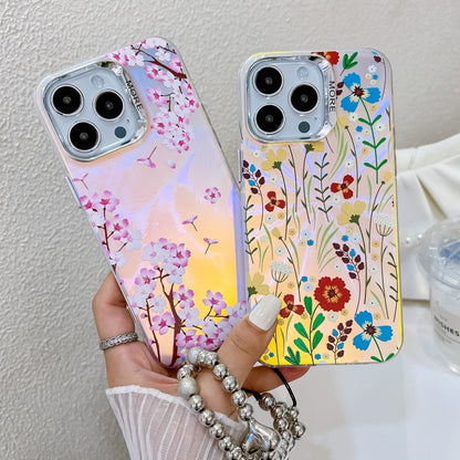 For iPhone 16 Electroplating Laser Flower Phone Case with Wrist Strap(Leaves AH12) - iPhone 16 Cases by buy2fix | Online Shopping UK | buy2fix