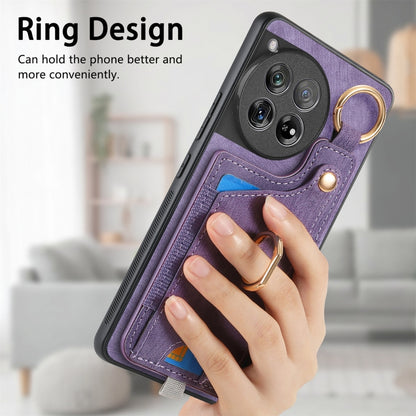 For OnePlus 12 5G Retro Skin-feel Ring Card Bag Phone Case with Hang Loop(Purple) - OnePlus Cases by buy2fix | Online Shopping UK | buy2fix