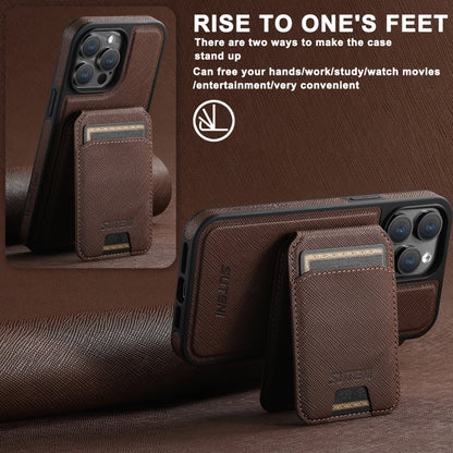 For iPhone 14 Pro Suteni M2 Cross-Grain MagSafe Vertical Card Back Phone Case(Brown) - iPhone 14 Pro Cases by Suteni | Online Shopping UK | buy2fix