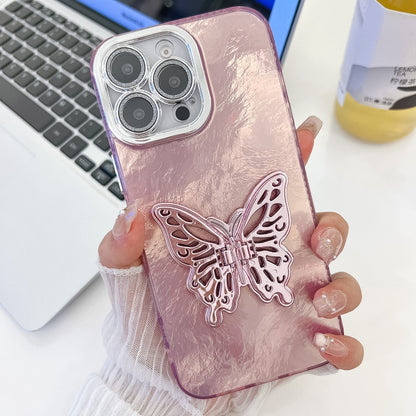 For iPhone 16 Pro Max Plating Glitter Texture Butterfly Holder TPU Phone Case with Lens Film(Pink Tinfoil Texture) - iPhone 16 Pro Max Cases by buy2fix | Online Shopping UK | buy2fix