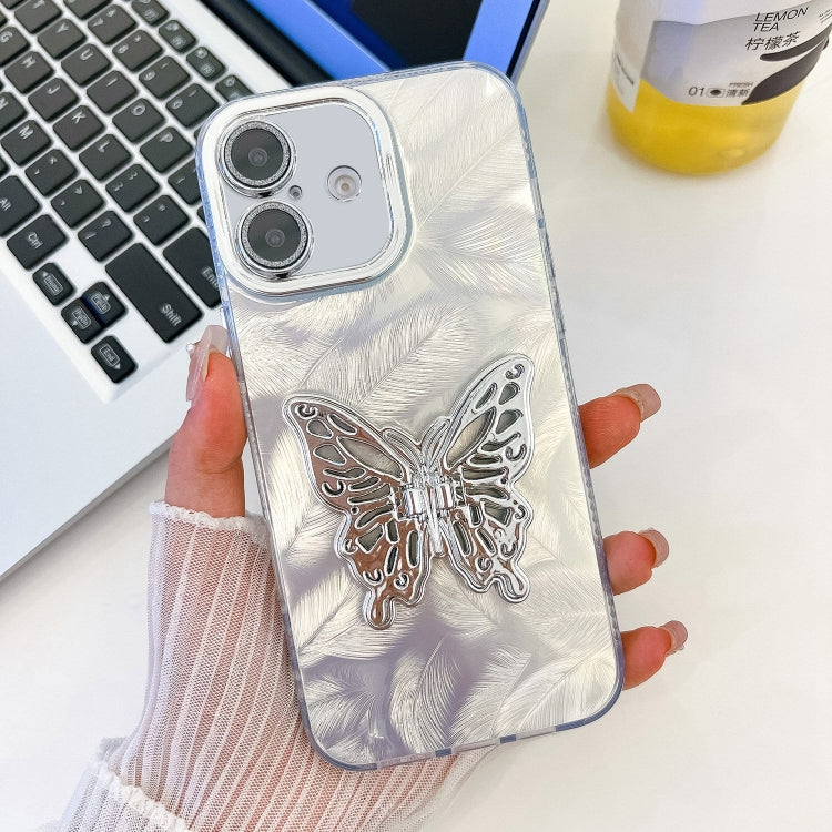 For iPhone 16 Plating Glitter Texture Butterfly Holder TPU Phone Case with Lens Film(White Feathers) - iPhone 16 Cases by buy2fix | Online Shopping UK | buy2fix