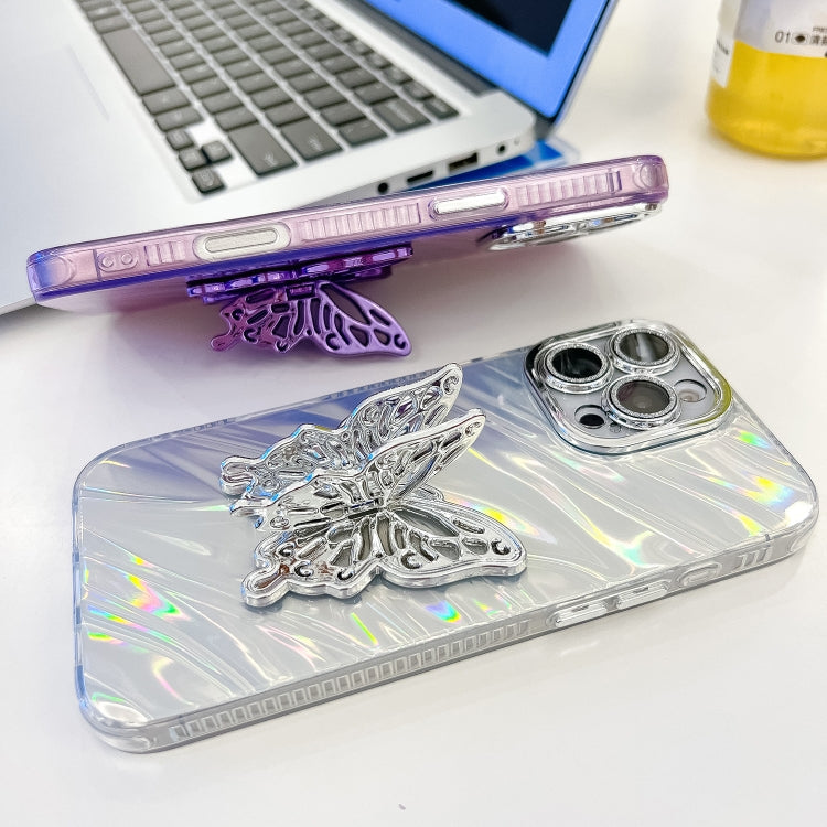 For iPhone 16 Pro Plating Glitter Texture Butterfly Holder TPU Phone Case with Lens Film(Pink Water Ripples) - iPhone 16 Pro Cases by buy2fix | Online Shopping UK | buy2fix