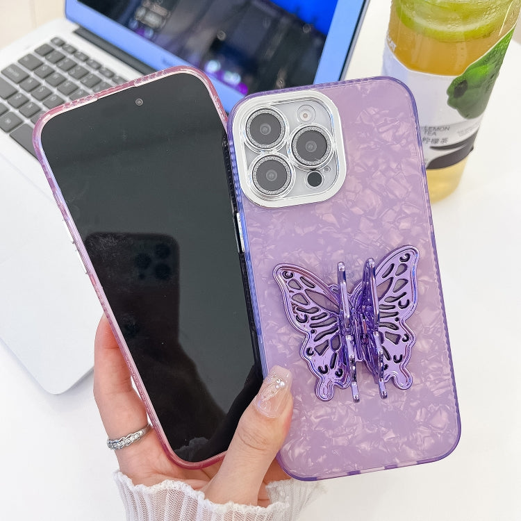 For iPhone 16 Plus Plating Glitter Texture Butterfly Holder TPU Phone Case with Lens Film(Pink Water Ripples) - iPhone 16 Plus Cases by buy2fix | Online Shopping UK | buy2fix