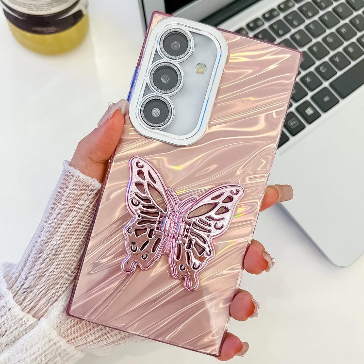 For Samsung Galaxy S25+ 5G Plating Glitter Texture Butterfly Holder TPU Phone Case with Lens Film(Pink Water Ripples) - Galaxy S25+ 5G Cases by buy2fix | Online Shopping UK | buy2fix