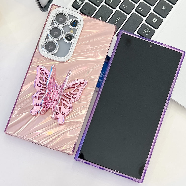 For Samsung Galaxy S25+ 5G Plating Glitter Texture Butterfly Holder TPU Phone Case with Lens Film(Pink Water Ripples) - Galaxy S25+ 5G Cases by buy2fix | Online Shopping UK | buy2fix