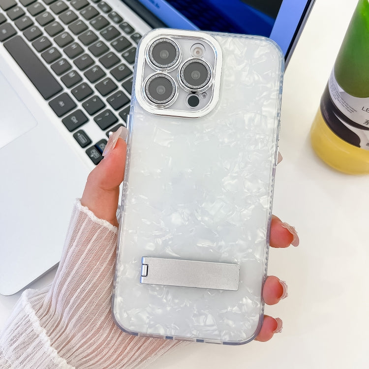 For iPhone 16 Pro Max Plating Glitter Texture Fold Holder TPU Phone Case with Lens Film(White Shell Pattern) - iPhone 16 Pro Max Cases by buy2fix | Online Shopping UK | buy2fix