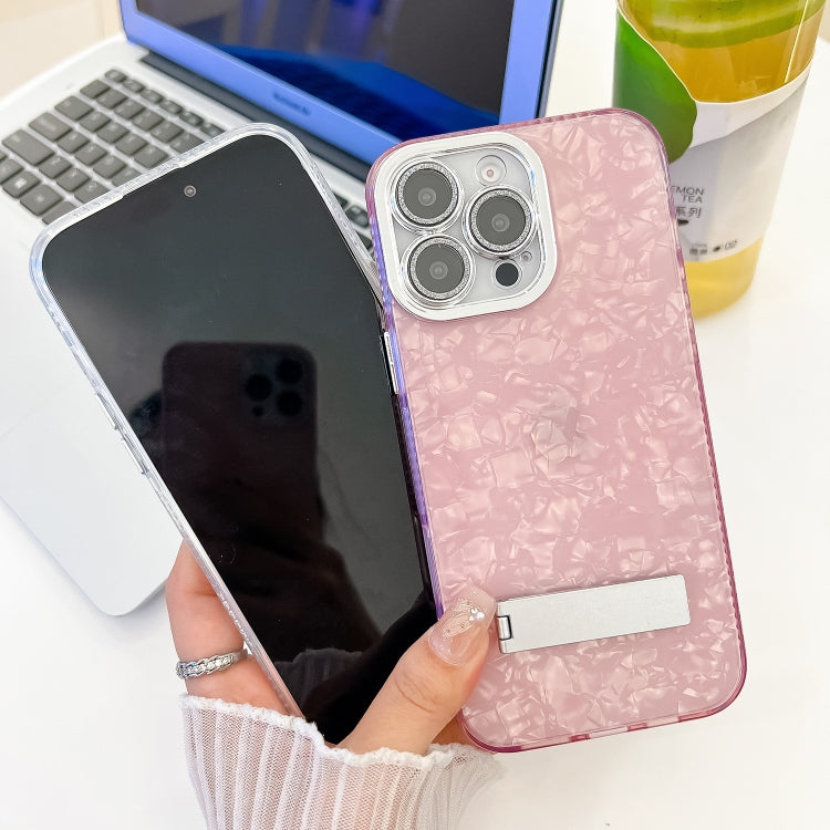 For iPhone 16 Plating Glitter Texture Fold Holder TPU Phone Case with Lens Film(White Feather Yarn) - iPhone 16 Cases by buy2fix | Online Shopping UK | buy2fix