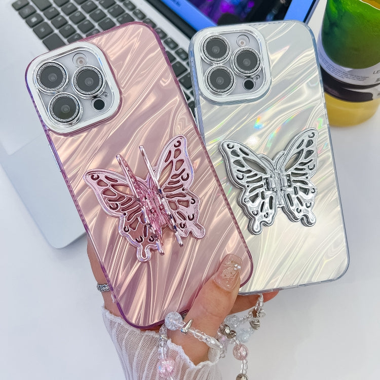 For iPhone 16 Pro Plating Glitter Lens Film Texture Butterfly Holder Wristband Phone Case(Purple Feather Yarn) - iPhone 16 Pro Cases by buy2fix | Online Shopping UK | buy2fix