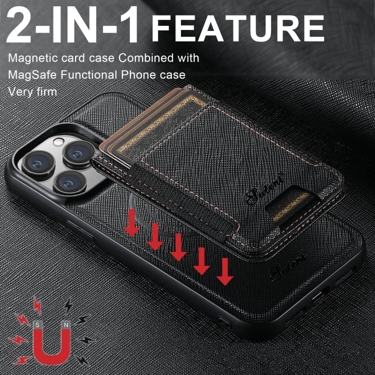 For iPhone 15 Suteni H17 Cross Grain Leather MagSafe Detachable Wallet Phone Case(Black) - iPhone 15 Cases by Suteni | Online Shopping UK | buy2fix