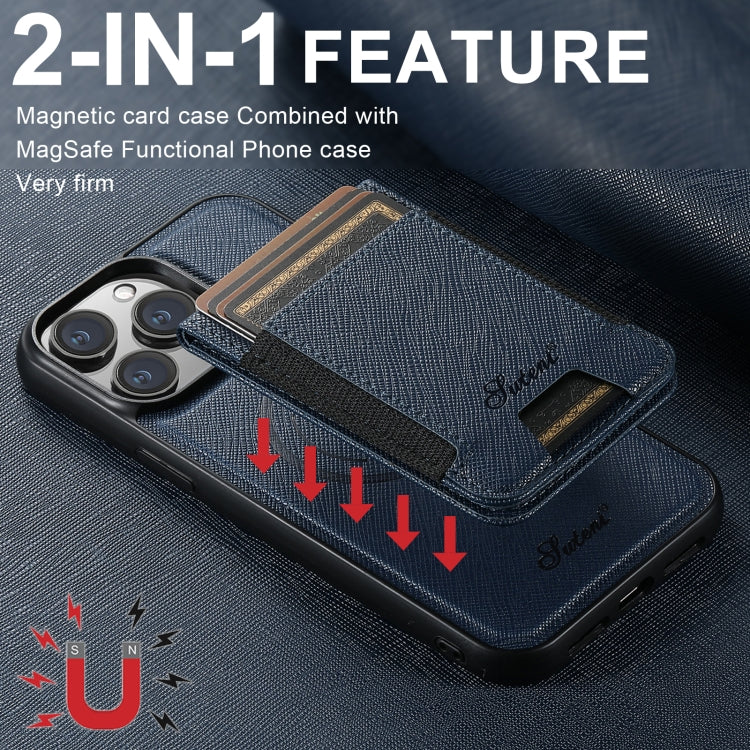 For iPhone 13 Pro Suteni H17 Cross Grain Leather MagSafe Detachable Wallet Phone Case(Blue) - iPhone 13 Pro Cases by Suteni | Online Shopping UK | buy2fix