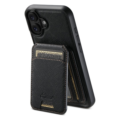 For iPhone 16 Plus Suteni H18 Cross Grain MagSafe Wallet Leather Phone Case(Black) - iPhone 16 Plus Cases by Suteni | Online Shopping UK | buy2fix