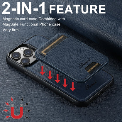 For iPhone 14 Pro Suteni H18 Cross Grain MagSafe Wallet Leather Phone Case(Blue) - iPhone 14 Pro Cases by Suteni | Online Shopping UK | buy2fix